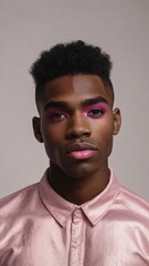 Obraz premium Male makeup look. close-up portrait half of black young man with pink eyeshadow make-up. black american feminine womanlike guy confidently looking at camera. models, beauty, fashion concept