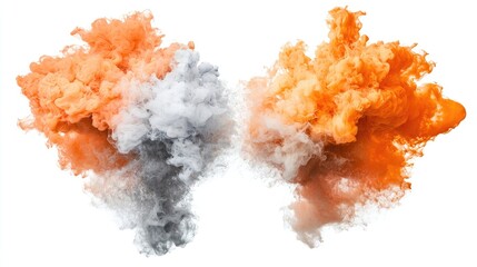 Orange and grey ink clouds colliding, abstract art, white background, design element