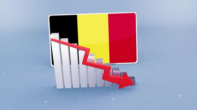 Belgium country flag and bar chart graph showing decreasing values a red arrow economic crisis concept. Flag of The Belgium