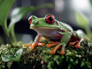 Fototapeta premium Tropical Rainforest Elegance Red-Eyed Tree Frog Close-Up on Moss - Eco-Friendly Decor Inspiration and Product Marketing for World Frog Day and Spring Equinox Campaigns