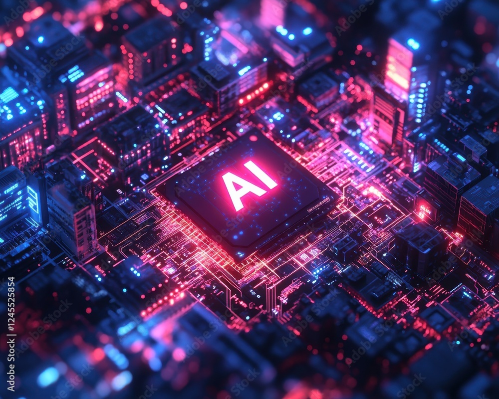 Poster futuristic cityscape with glowing microchip showcasing artificial intelligence technology in vibrant