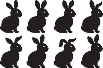 A set of bunny silhouettes. flat and black color bunny vector illustration design, isolated on a white background.