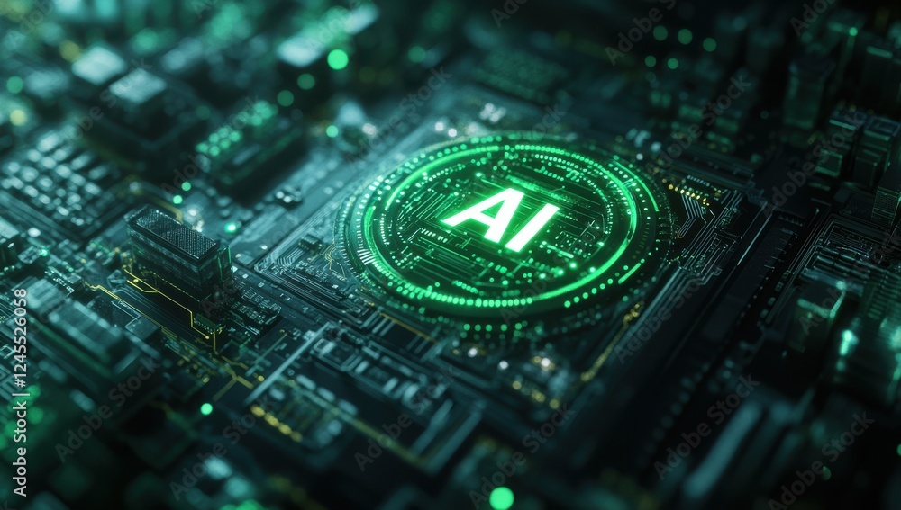 Poster futuristic close-up of a circuit board with glowing ai symbol, representing advanced technology, inn