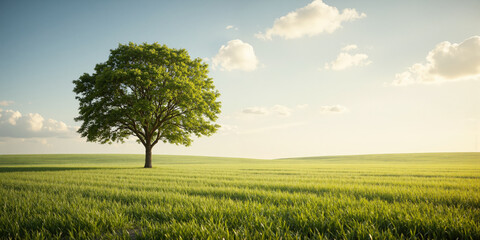 Obraz premium A solitary tree with a full green canopy standing in the middle of a vast, rolling field of bright green grass. The sky