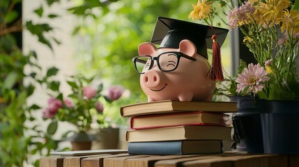 A collection of books and a piggy bank, framed by graduation caps, certificates, and a laptop, highlighting the value of education and earning credits