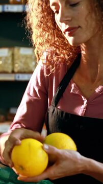 Smiling female staff arraigning sweet lime in crate at organic section