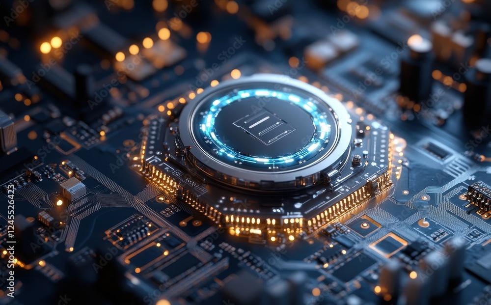 Poster futuristic close-up of a microchip on a circuit board with glowing elements for technology and innov