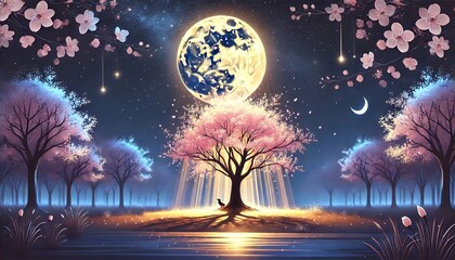 Obraz premium A mesmerizing spring night scene with a glowing cherry blossom tree bathed in golden and navy moonlight under a star-filled sky