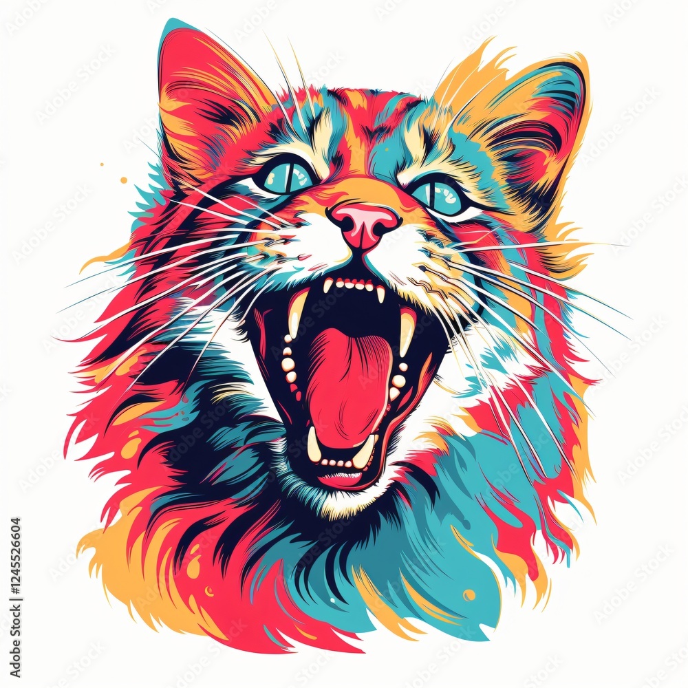 Poster vivid representation of a cat with an expressive open mouth showcasing its colorful fur. generative 