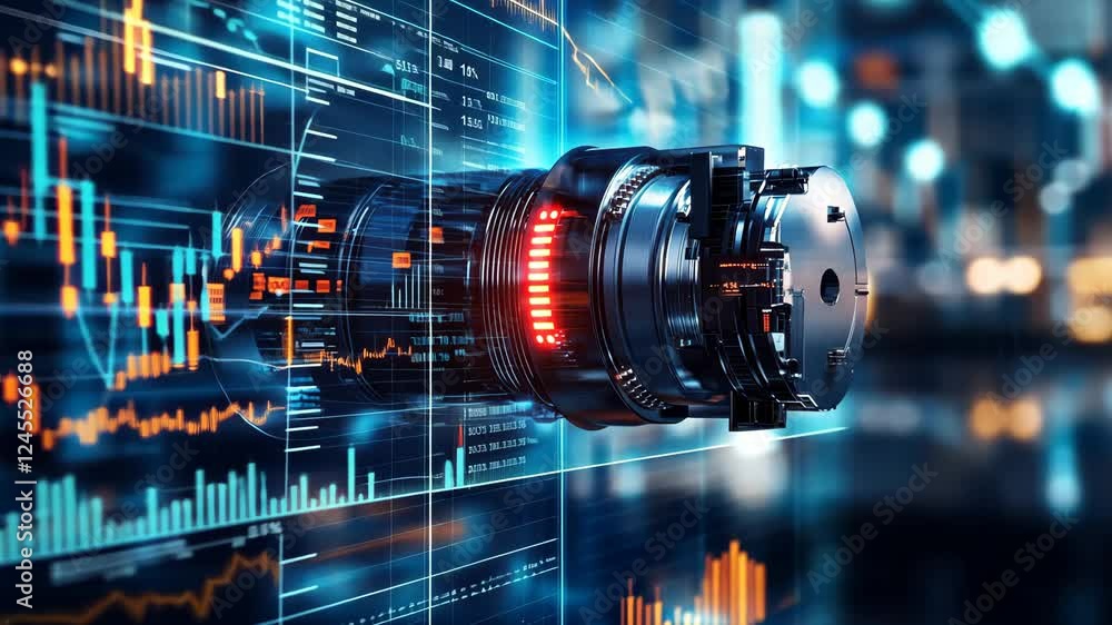 Aufkleber futuristic digital interface with dynamic data visualizations and rotating technology