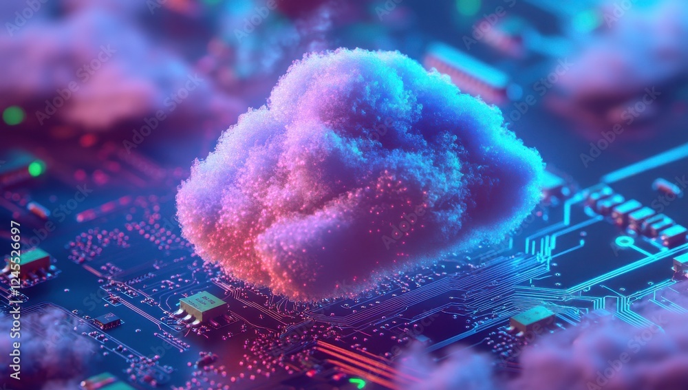 Poster futuristic cloud computing concept with colorful circuit board and digital cloud surrounded by abstr