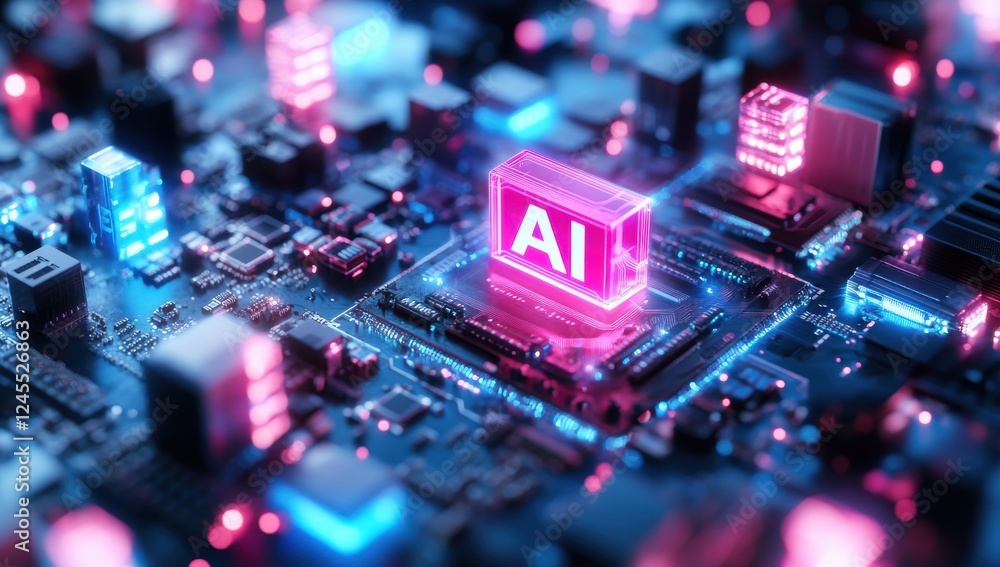 Poster futuristic computer circuit board with glowing ai sign in a technology concept featuring neon colors