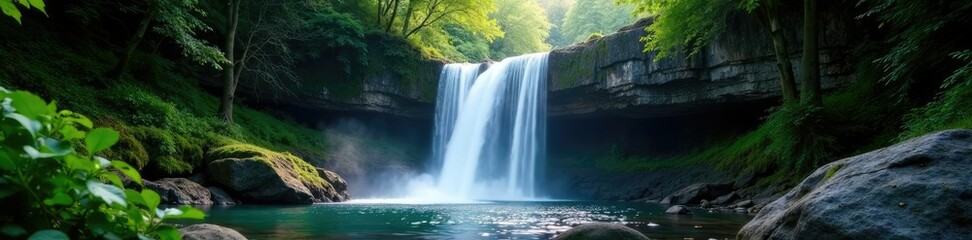 Fototapeta premium A waterfall cascades down a rocky slope amidst the forest, serene atmosphere, waterfall