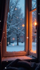 A warm glow emanates from a window as snow falls softly in the background, warmth, gentle, winter
