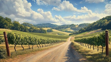 Fototapeta premium Picturesque vineyard landscape with rolling hills and a gravel road under a cloudy sky