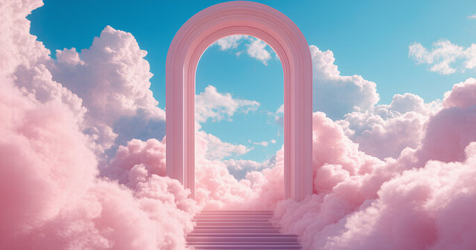 Pink Archway to the Clouds: A Dreamlike Pathway
