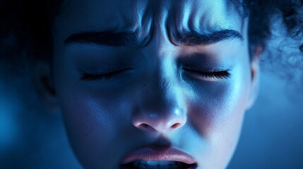 Female experiencing severe head pain, detailed facial expression showing distress, temples being pressed, clinical blue environment, professional studio lighting, high-detail skin texture
