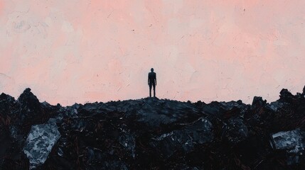 Solitary Figure Against Striking Pink and Black Landscape at Dusk