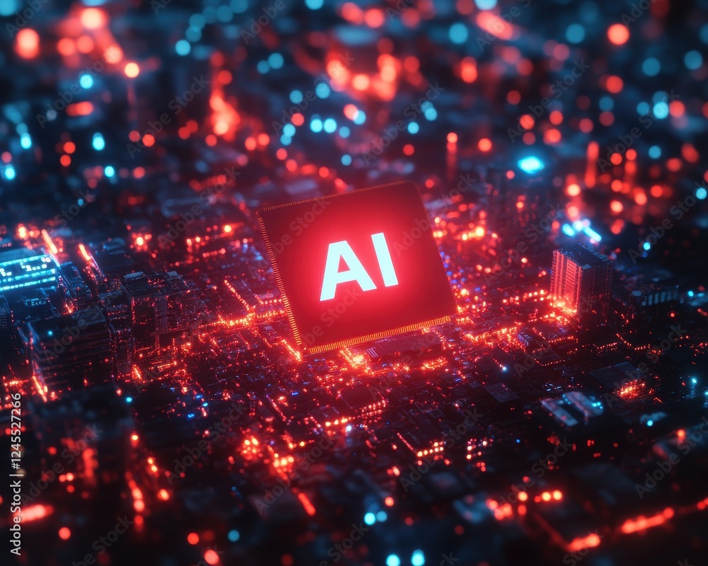 Poster futuristic concept of artificial intelligence with bright ai symbol surrounded by complex digital ci