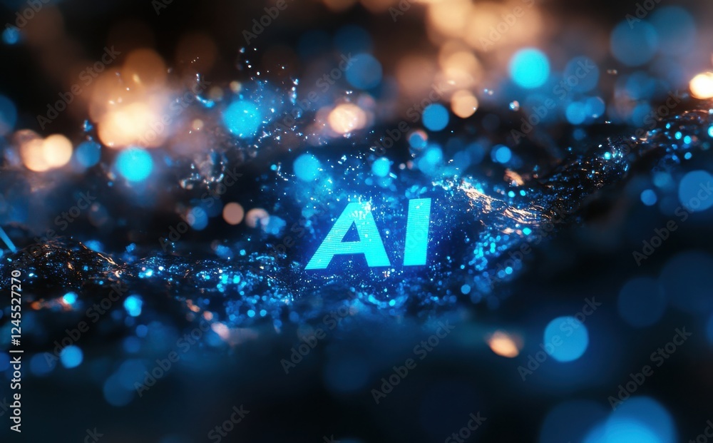 Aufkleber futuristic concept of artificial intelligence with blue glowing water splashes and bokeh effects cre