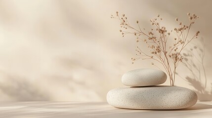 Abstract nature scene Stone podium composition and dry flower on beige brown background for cosmetic, beauty product branding, perfume, skin care and cosmetic backdrop. Copy space, front view