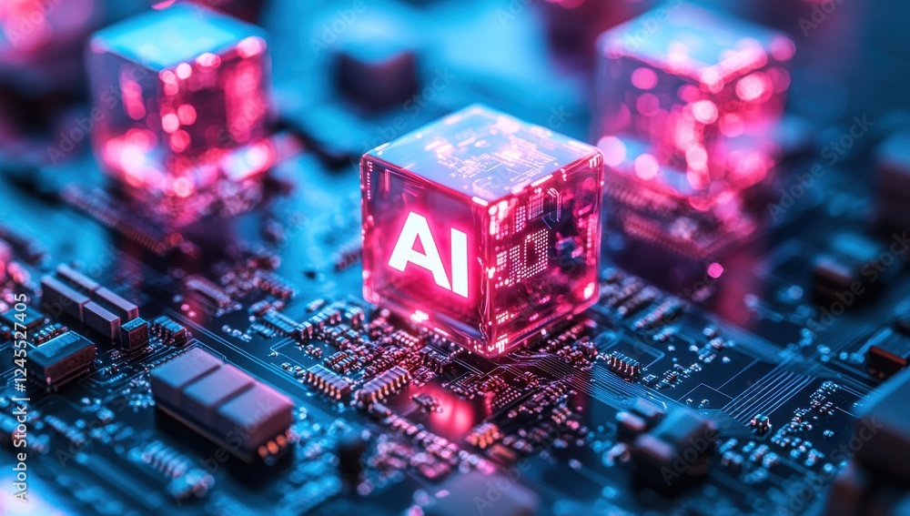 Poster futuristic concept of artificial intelligence with illuminated ai cubes on microchip and circuit boa