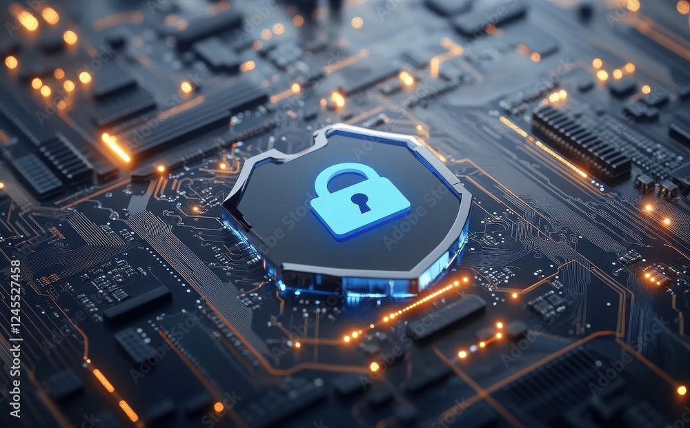 Poster futuristic cybersecurity concept with shield and lock symbol on abstract circuit board background hi