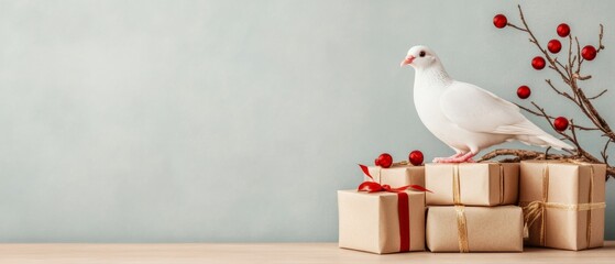 Contemporary Purim Elegance White Dove with Metallic Gift Boxes on Neutral Surface - Artistic Seasonal Display for Modern Event Design and Holiday Marketing