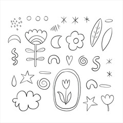 Set of abstract graphic elements, hand drawn vector illustration. Imitation ink, pen. Black and white isolated elements for decoration. Rainbow, flowers, drops, stars, stripes, cloud