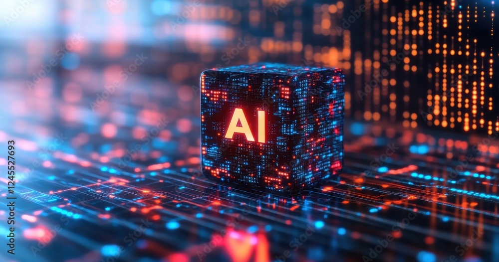 Poster futuristic depiction of ai technology represented by glowing cube surrounded by digital data streams