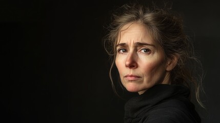 Fototapeta premium Psychological portrait against black backdrop, woman showing signs of emotional pain, muted colors, minimalist composition, dramatic side lighting, expressive face partially covered