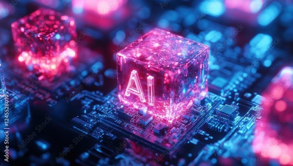 Poster futuristic digital background featuring transparent cubes with ai symbols glowing in neon colors on 
