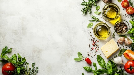 Frame of Italian food cooking ingredients background with fresh vegetables, herbs, spices olive oil and cheese on white stone table top view. Healthy eating