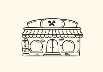 Naklejka premium big restaurant store front hand drawing doodle illustration