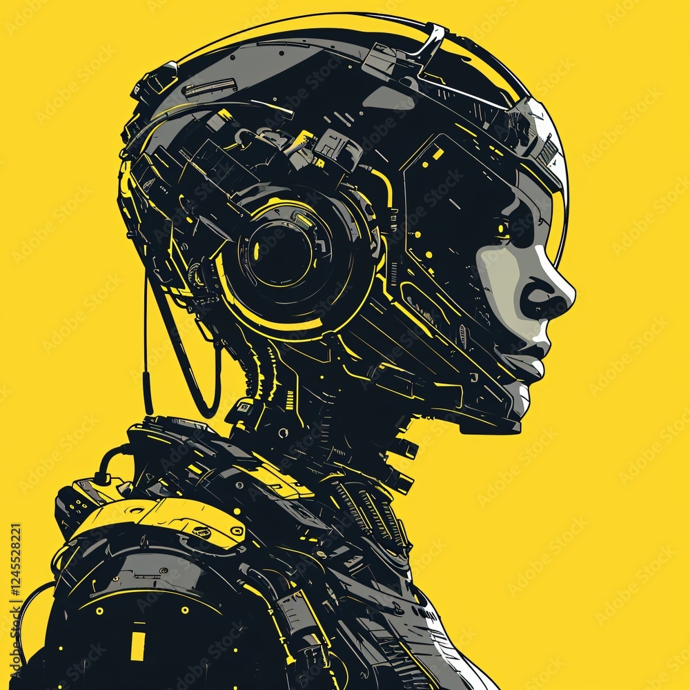 Poster futuristic robot profile showcasing advanced technology and design elements against a vibrant yellow