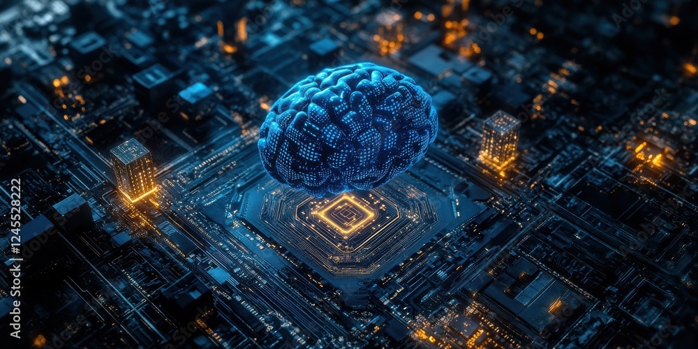 Poster futuristic digital brain over cityscape representing artificial intelligence, data processing, and c