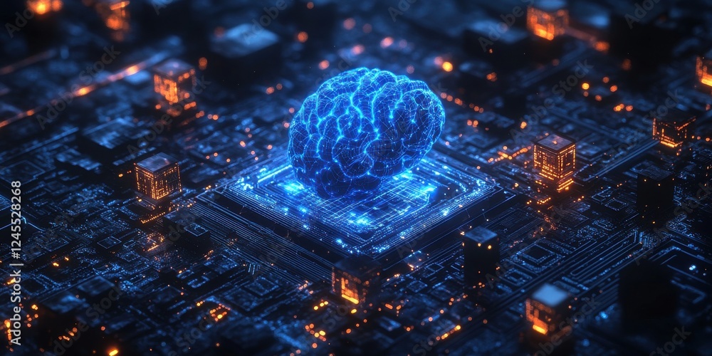 Poster futuristic digital brain representation on a glowing microchip surrounded by circuitry and vibrant l