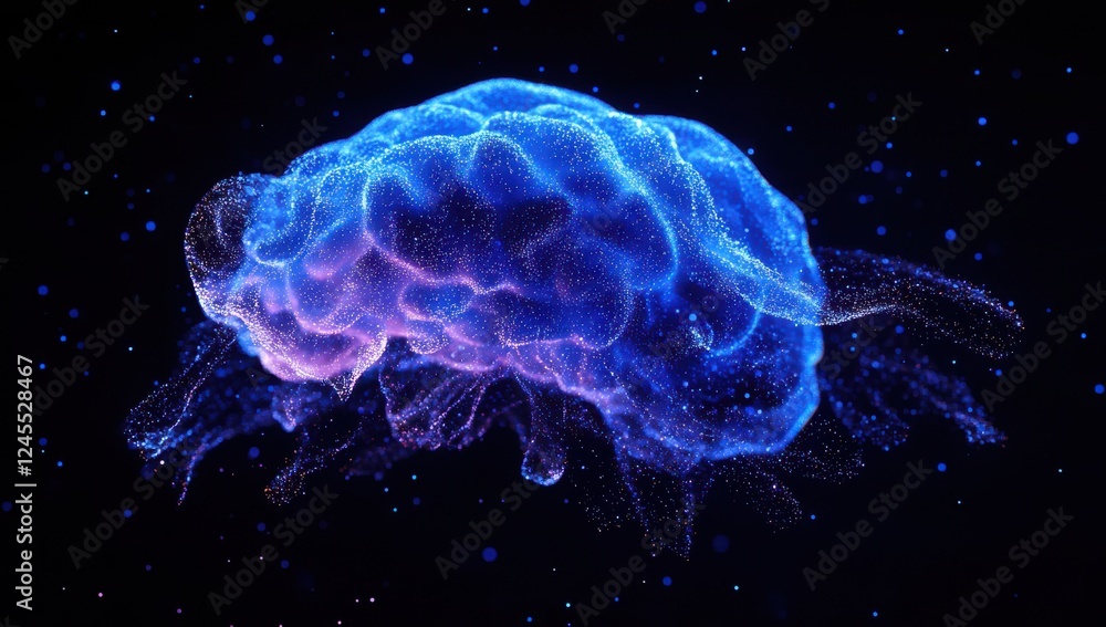 Poster futuristic digital brain visualization with glowing particles showcasing neural networks and cogniti