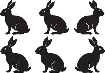 A set of hare silhouettes. Flat and black color hare vector illustration design, isolated on a white background.