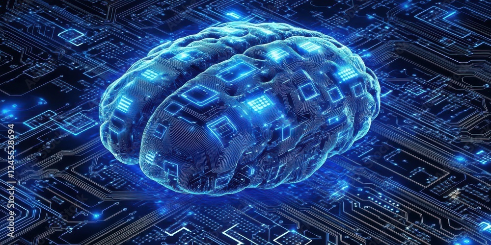 Poster futuristic digital brain with glowing circuitry on a dark background, representing artificial intell