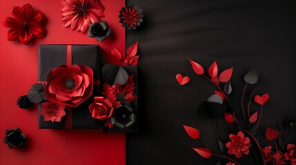 A chic black gift box with a crimson heart pillow and intricate black-and-red paper flowers, placed on a glossy black and red split background 