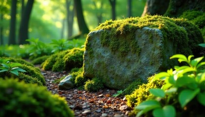 Obraz premium Ancient stone partially hidden by thick moss and ferns, ferns, forest floor, sunlight