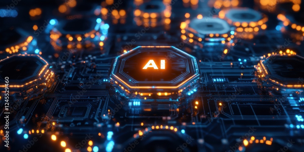 Poster futuristic digital circuit board with glowing ai symbol representing technological advancement and i