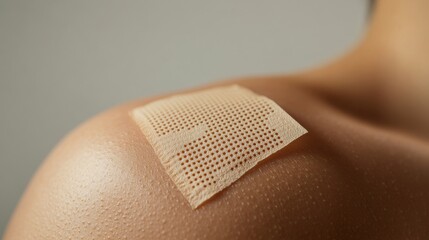 medical adhesive patch on shoulder skin, sunburned reddish skin tone, perforated beige patch design, close-up shot on bare upper body, dermis texture detail, clinical photography style, soft studio