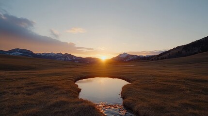 Fototapeta premium Vernal Equinox Serenity Sunrise Reflections on Mountain Range - Perfect for Spring Wellness Retreats and Nature-Inspired Office Decor