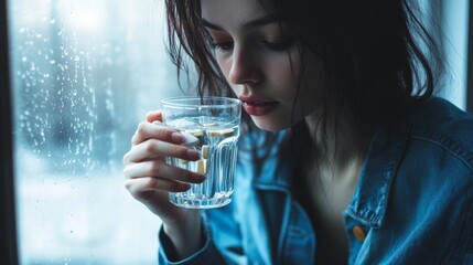casual lifestyle portrait, feminine hand holding medicine tablets, ribbed glass water cup, natural window lighting, dark hair with wispy strands, blue denim outerwear, muted tones