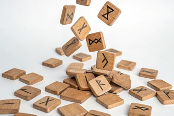 Wooden rune tile falling in the air. Fortune telling and mysticism