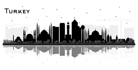 Obraz premium Turkey City Skyline Silhouette with Black Buildings Isolated on White. Tourism Concept with Historic Architecture. Turkey Cityscape with Landmarks. Izmir. Ankara. Istanbul.