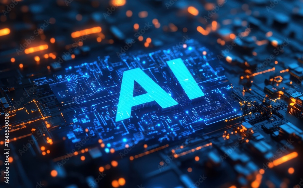 Poster futuristic digital circuitry illustrating artificial intelligence concept with illuminated blue ai s