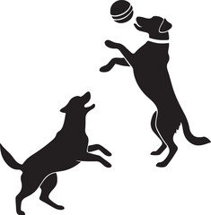 A set of two dog playing silhouette with a ball. Flat black color vector illustration design. Isolated on a white background.